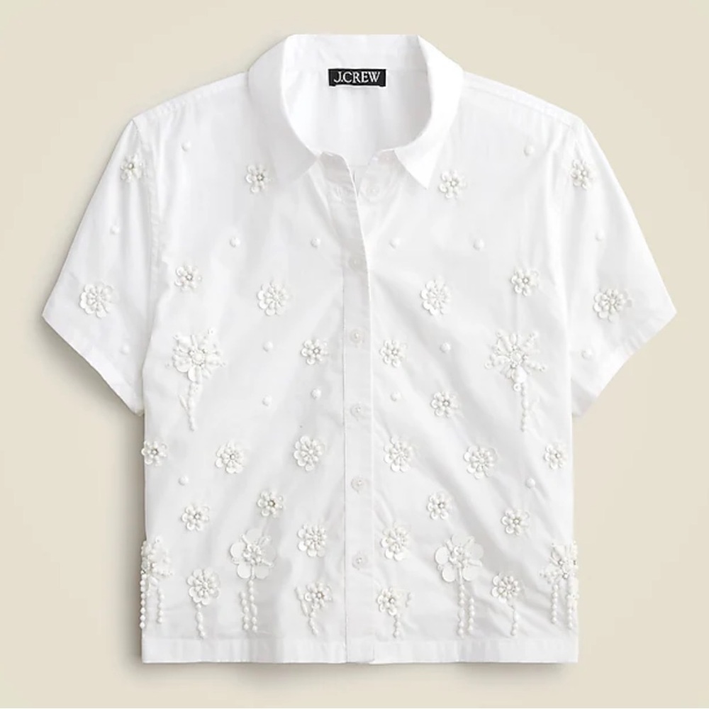 J. Crew Collection Flower Embellished White Collared Buttoned Blouse